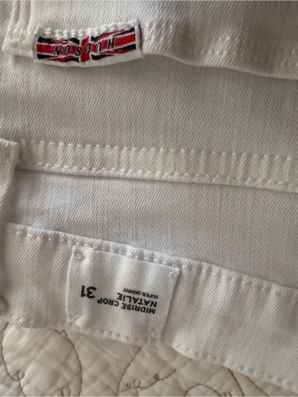 Hudson Jeans women’s Slim White Denim with Red & Blue Flag Detail